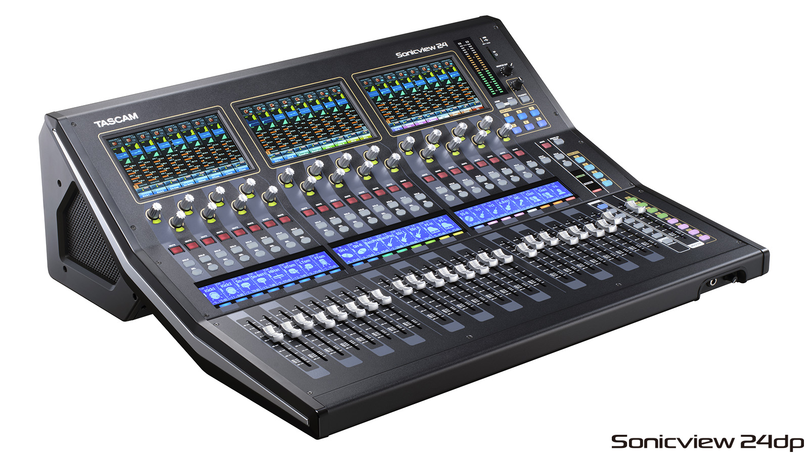 3つのタッチスクリーンとフェーダーを備えたTASCAM Sonicview 24dpを斜め上から見た公式製品写真
