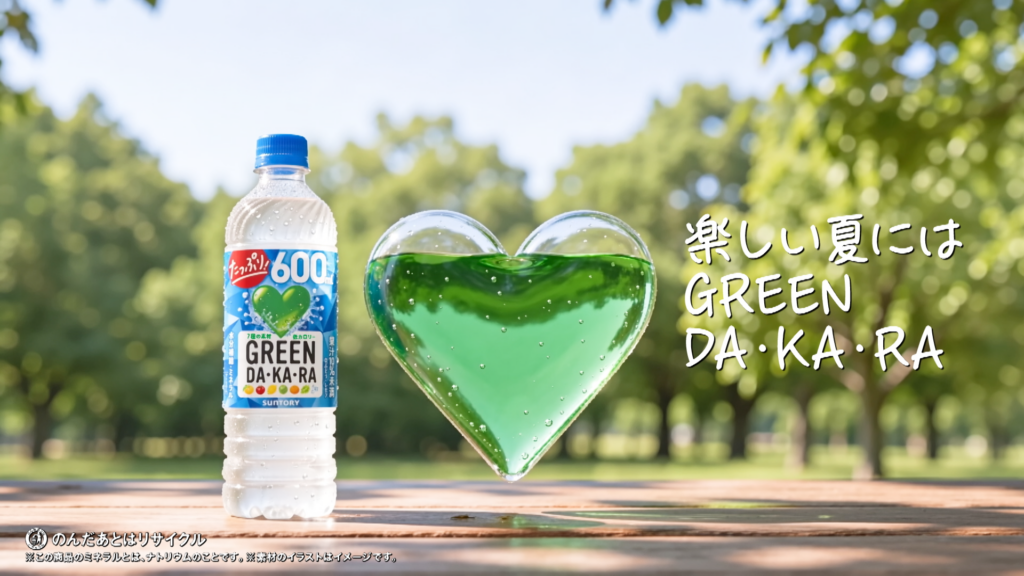 テレビ朝日が制作した「楽しい夏にはGREEN DA・KA・RA」篇の公式カット。商品ボトルと緑色のハートを配置