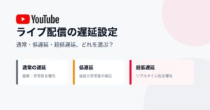 YouTube公式ロゴと「通常・低遅延・超低遅延」の比較を示した図