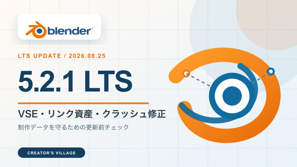 Blender 5.2.1 LTSの修正内容と更新前チェックを示すアイキャッチ