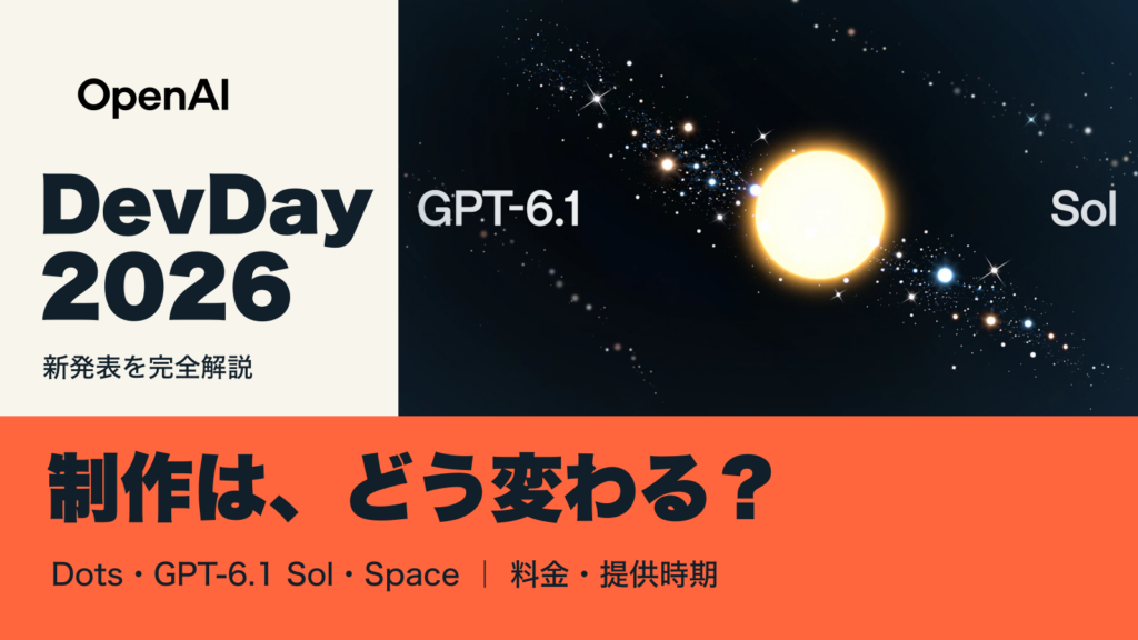 OpenAI DevDay 2026完全解説。GPT-6.1 Solの公式画像と「制作は、どう変わる？」の見出し