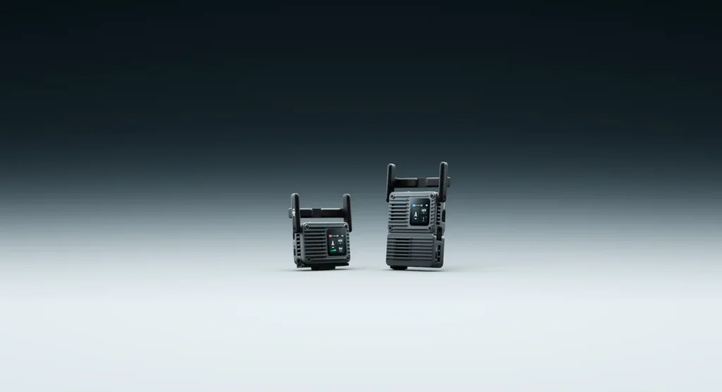 DJI SDR Transmission 2のトランシーバー2台。右は拡張アクセサリーを装着した公式製品写真