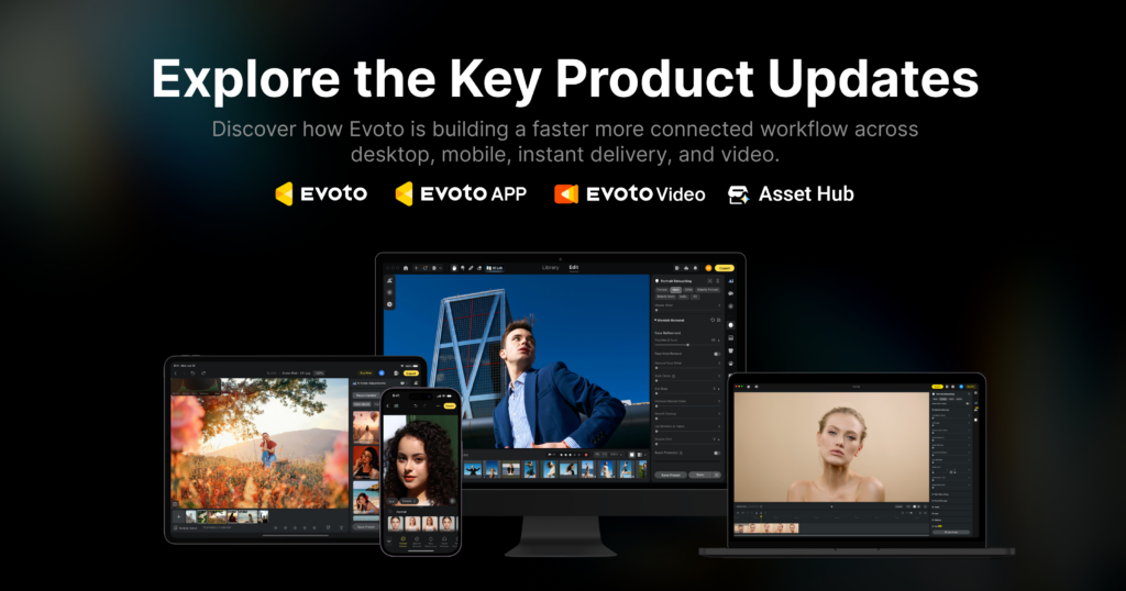 Evoto Desktop 8.0などの製品更新を紹介する公式画像。写真編集・モバイル・動画編集の画面と各製品ロゴ