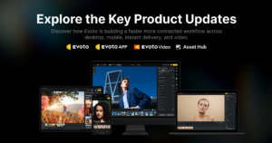 Evoto Desktop 8.0などの製品更新を紹介する公式画像。写真編集・モバイル・動画編集の画面と各製品ロゴ
