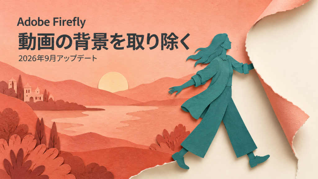 動画の背景除去を表す、背景から切り離された人物のペーパークラフト風イラスト