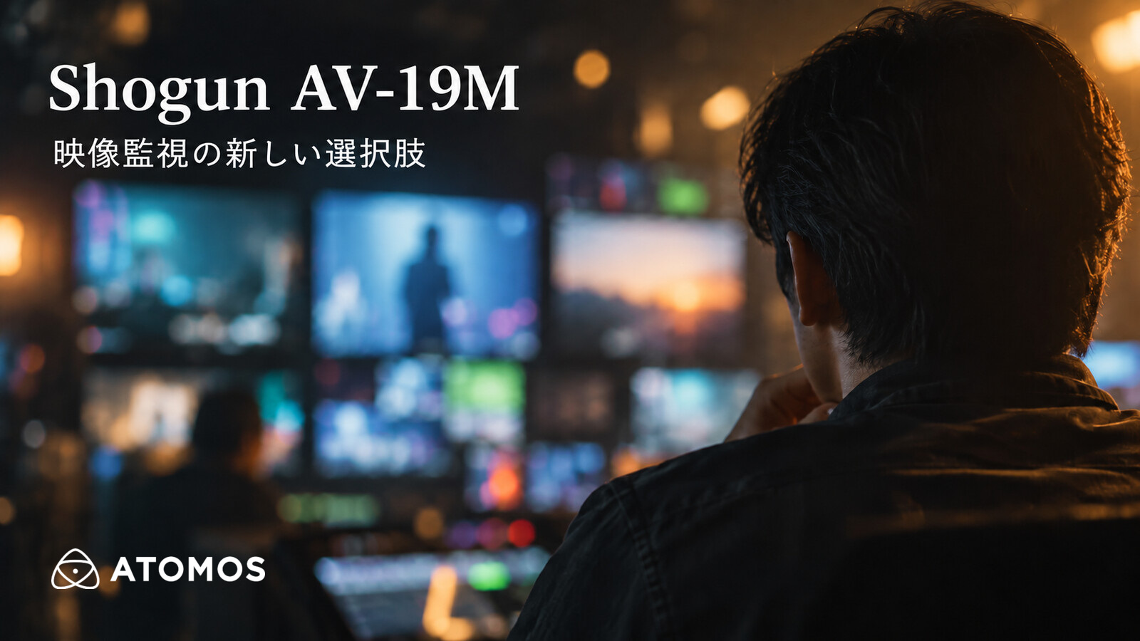 映像を確認する制作スタッフとATOMOSロゴ、Shogun AV-19Mの見出し
