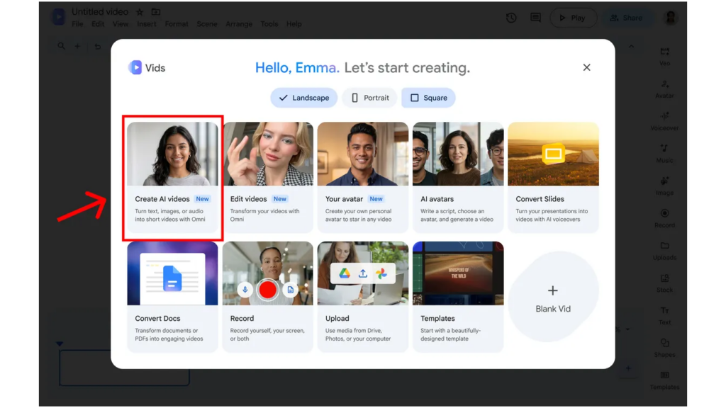 Google Vidsの動画作成画面で「Create AI videos」を示したGoogle公式スクリーンショット