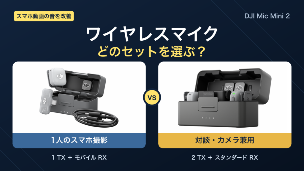 DJI Mic Mini 2のスマホ用とカメラ兼用セットを並べたワイヤレスマイクの選び方