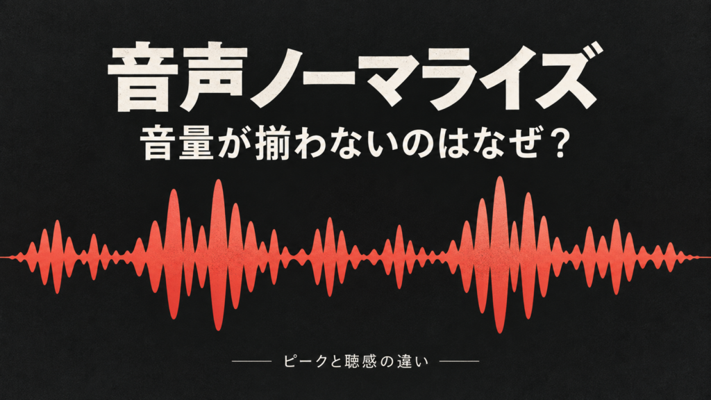 黒地に赤い波形を配し、音声ノーマライズで音量が揃わない理由を示す見出し画像
