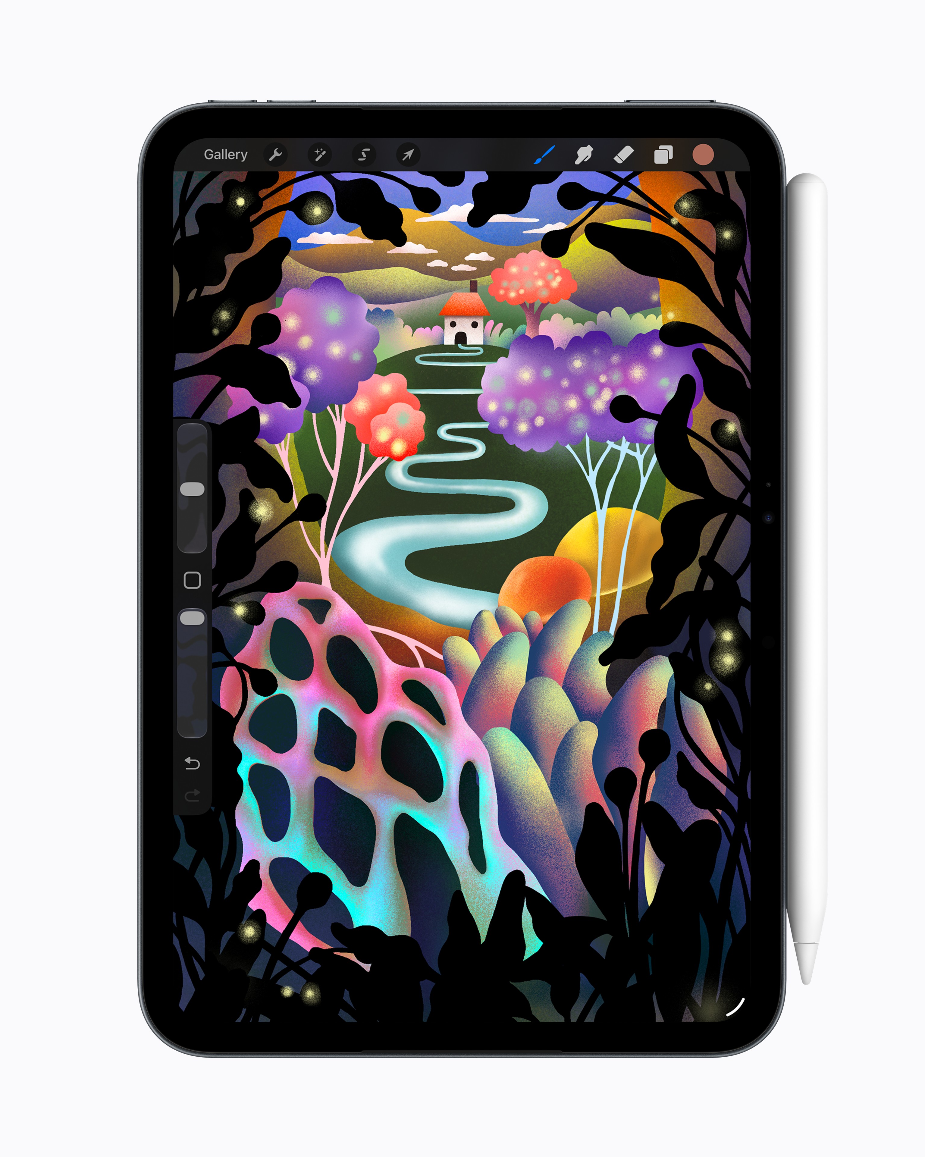 Procreateの画面を表示した新型iPad miniとApple Pencil ProのApple公式写真