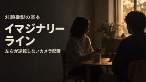 暗い室内で逆光のシルエットになった2人が向かい合う対談のイメージ。左側にイマジナリーラインとカメラ配置のタイトル