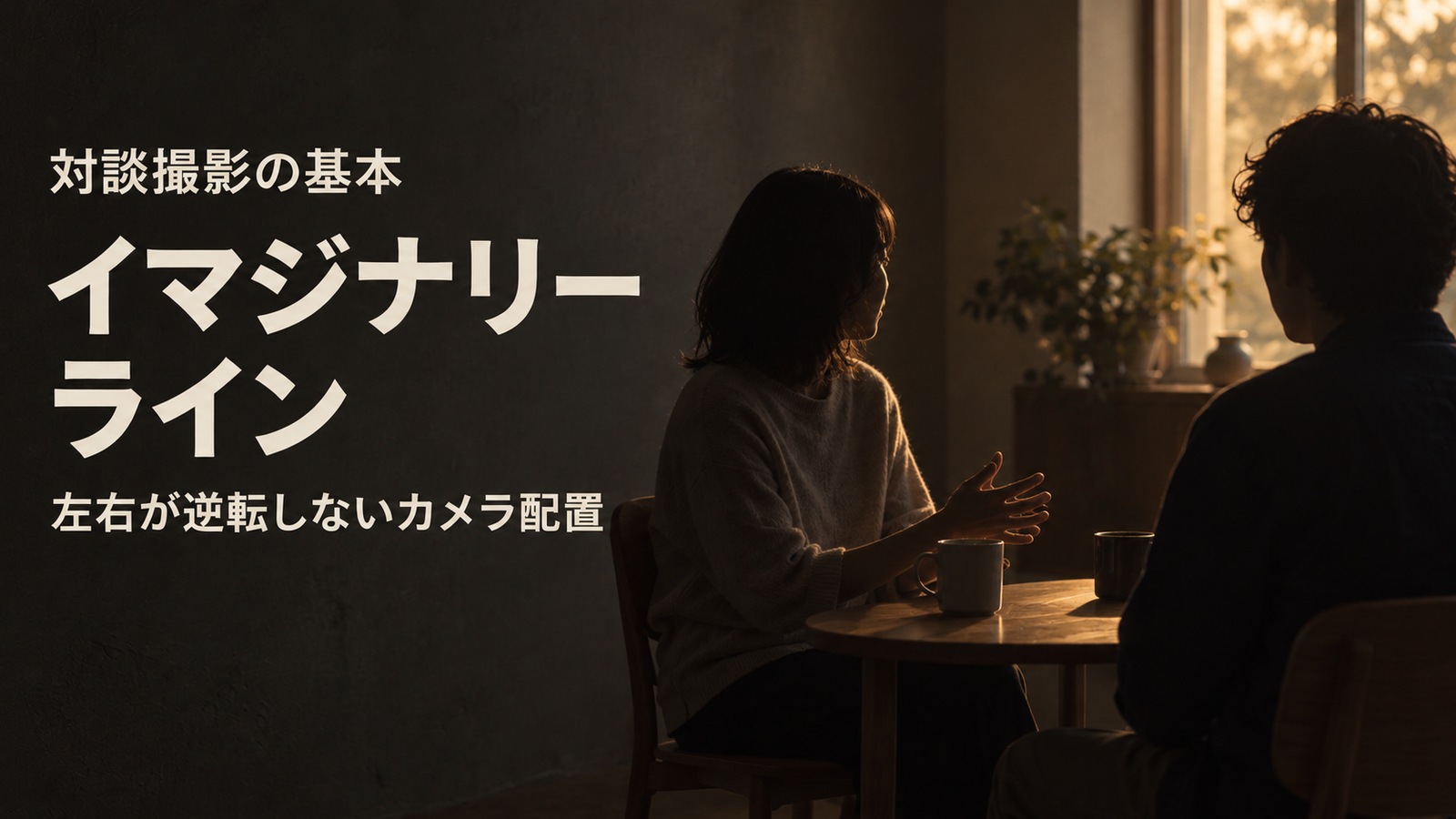 暗い室内で逆光のシルエットになった2人が向かい合う対談のイメージ。左側にイマジナリーラインとカメラ配置のタイトル