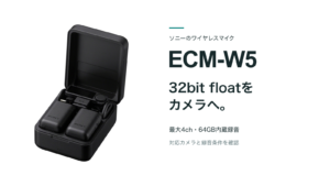 充電ケースに収めたソニーECM-W5の実機写真と、32bit float・対応カメラの確認点を示す見出し